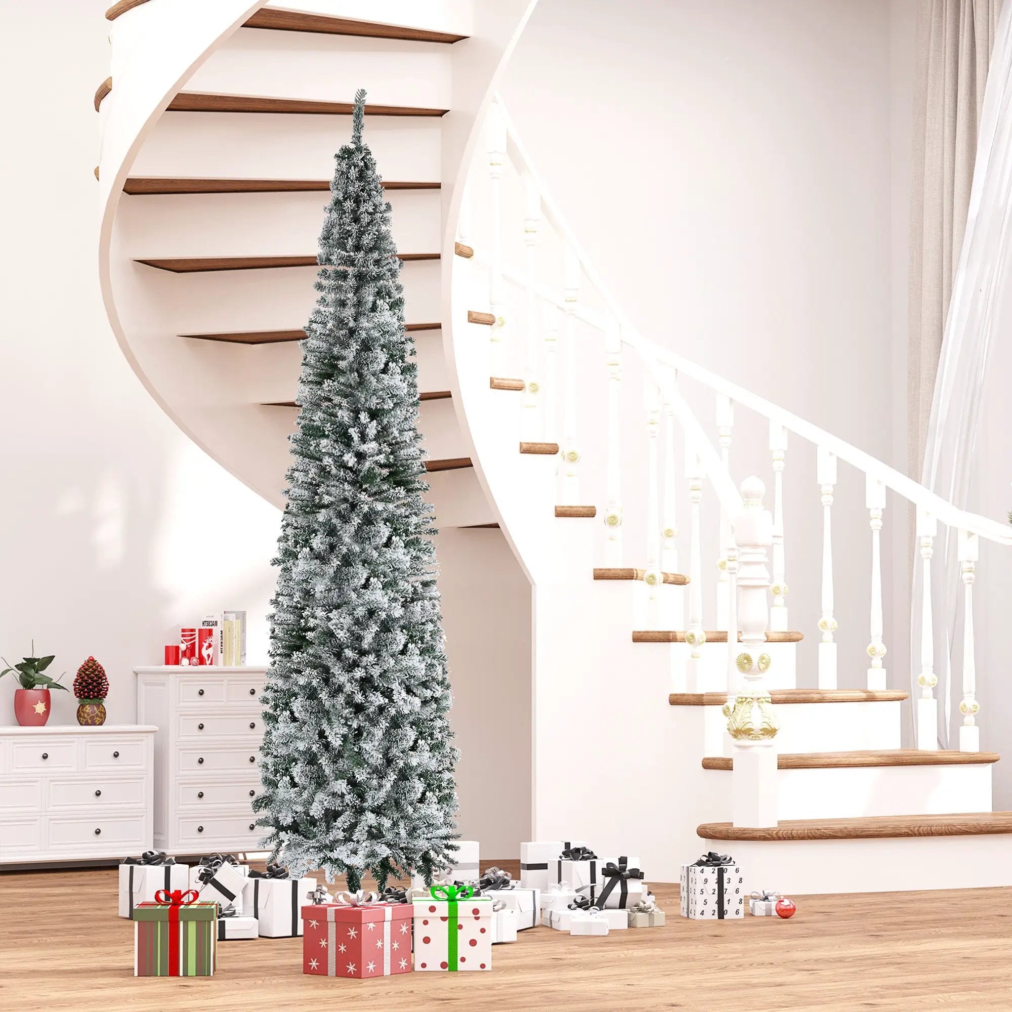HOMCOM 9' Tall Unlit Snow-Flocked Slim Artificial Christmas Tree by HouseOfZazla