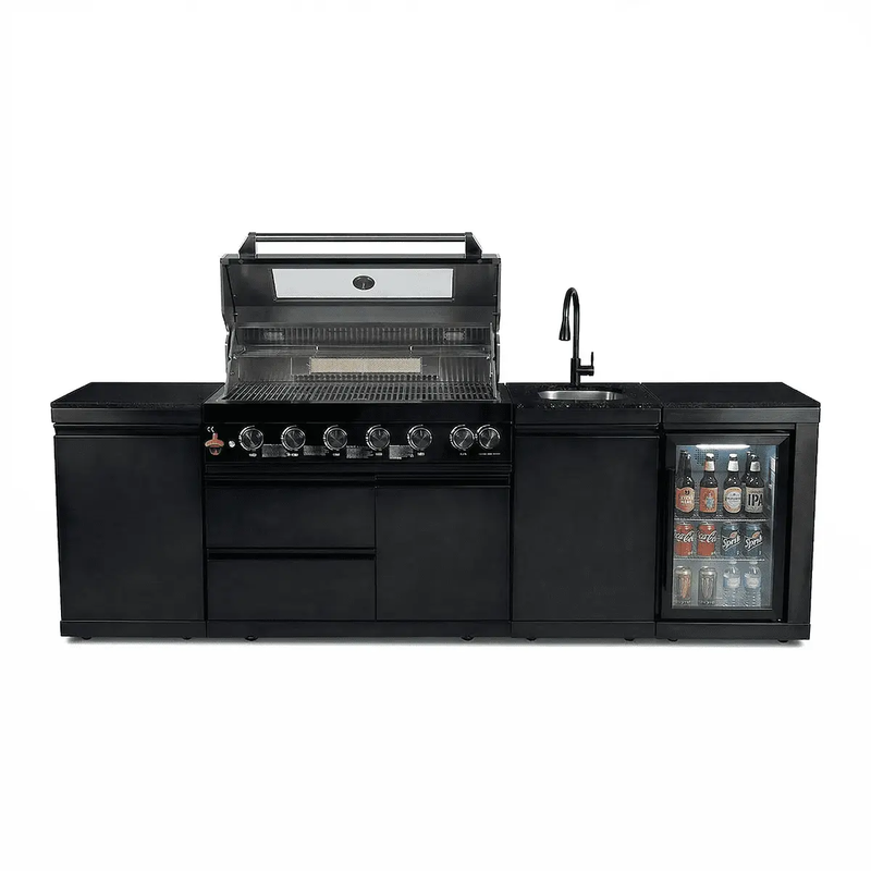 102" 6-Burner 85,000 BTU Black Outdoor Kitchen Island Grill + Refrigerator + Marble Countertops + Sink by Chery Industrial