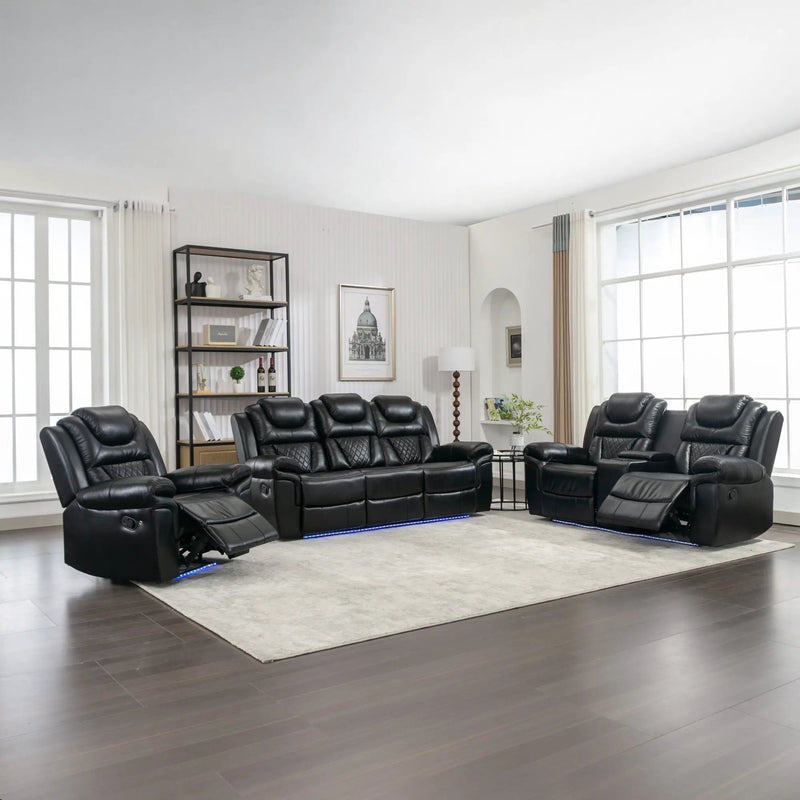 3 Pieces Recliner Sofa Sets Home Theater Seating Manual Recliner Chair With Center Console And LED Light Strip For Living Room by HouseOfZazla