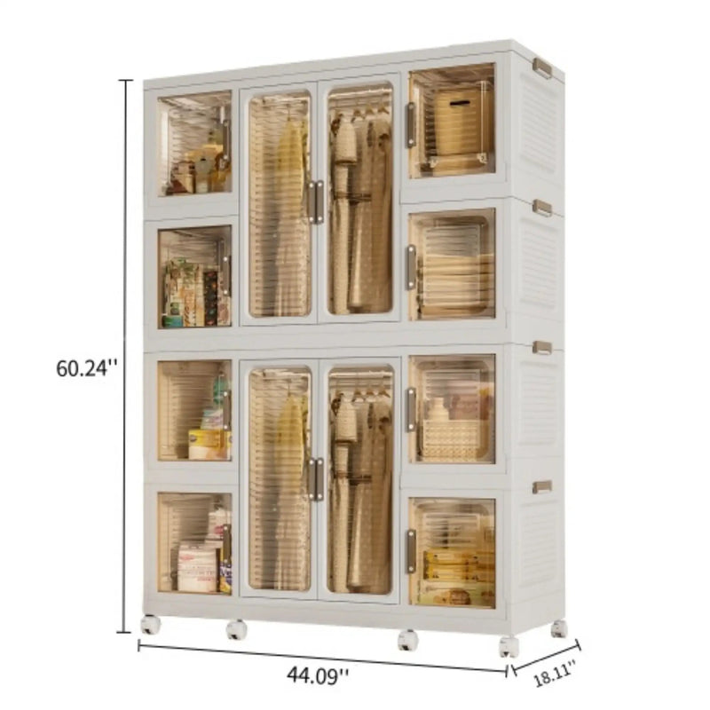 Portable Wardrobe Closet Storage Organizer For Clothes With Magnetic Doors, 12 Cubes & 2 Hanging Rods - White by Unique Piece Furniture