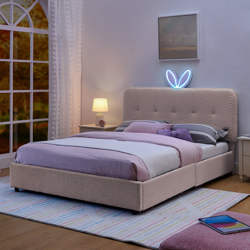 Queen Size Kids Upholstered Bed with Rabbit Ear Headboard & Storage by HouseOfZazla