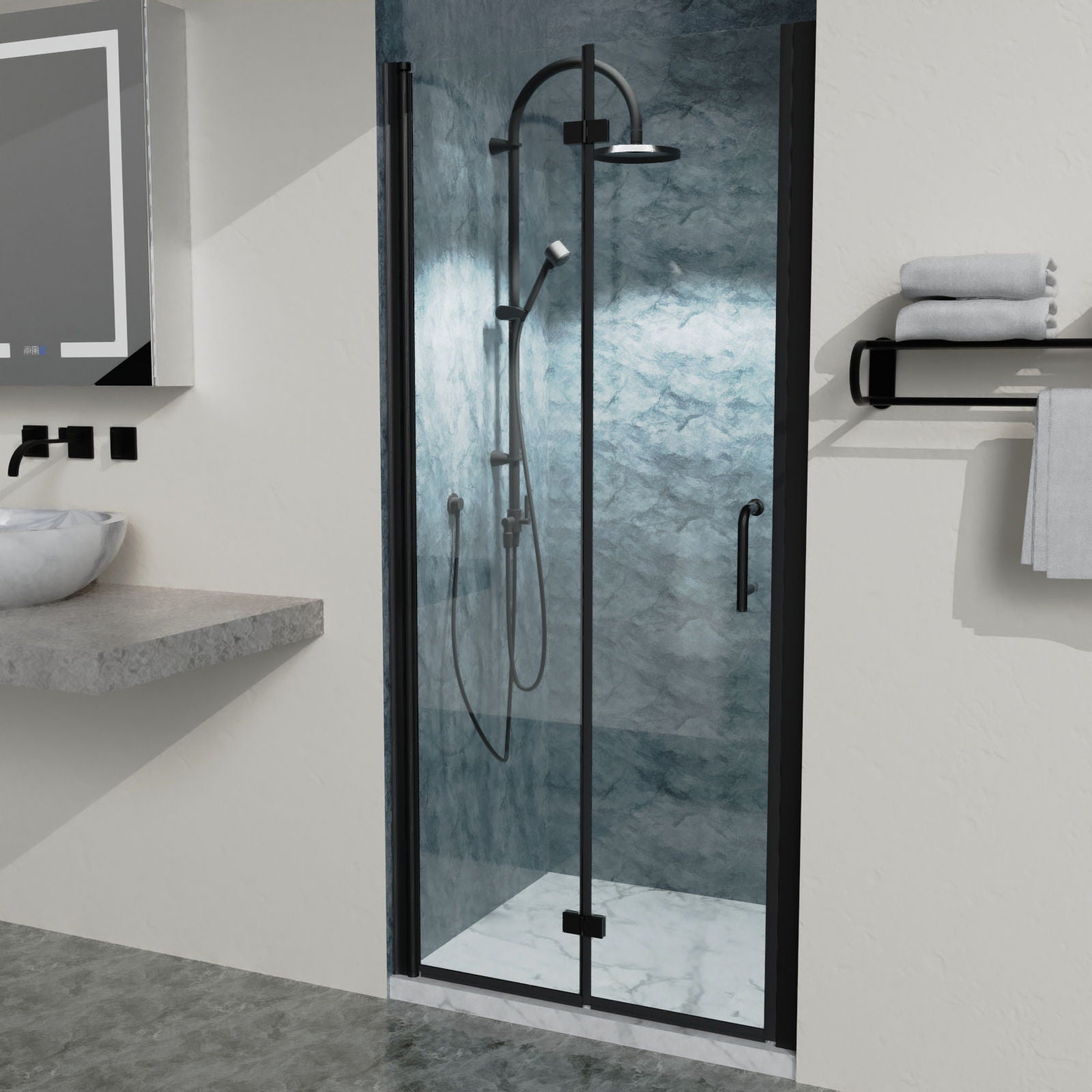 Bi-Fold Semi-Frameless Shower Doors In Matte With Clear Glass by HouseOfZazla