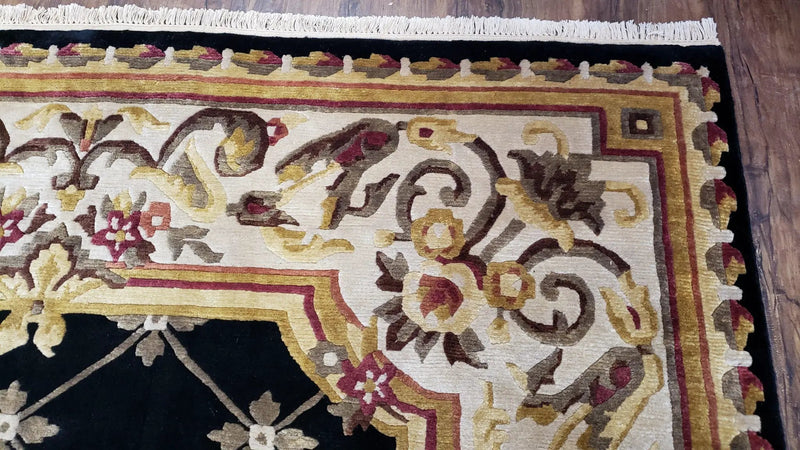 Nepal Rug 6x9, New Aubusson Nepalese Tibetan Carpet 6'1" x 8' 8", Hand-Knotted Wool, Unused, Black & Cream, Savonnerie Pattern, Soft Pile by Jewel Rugs