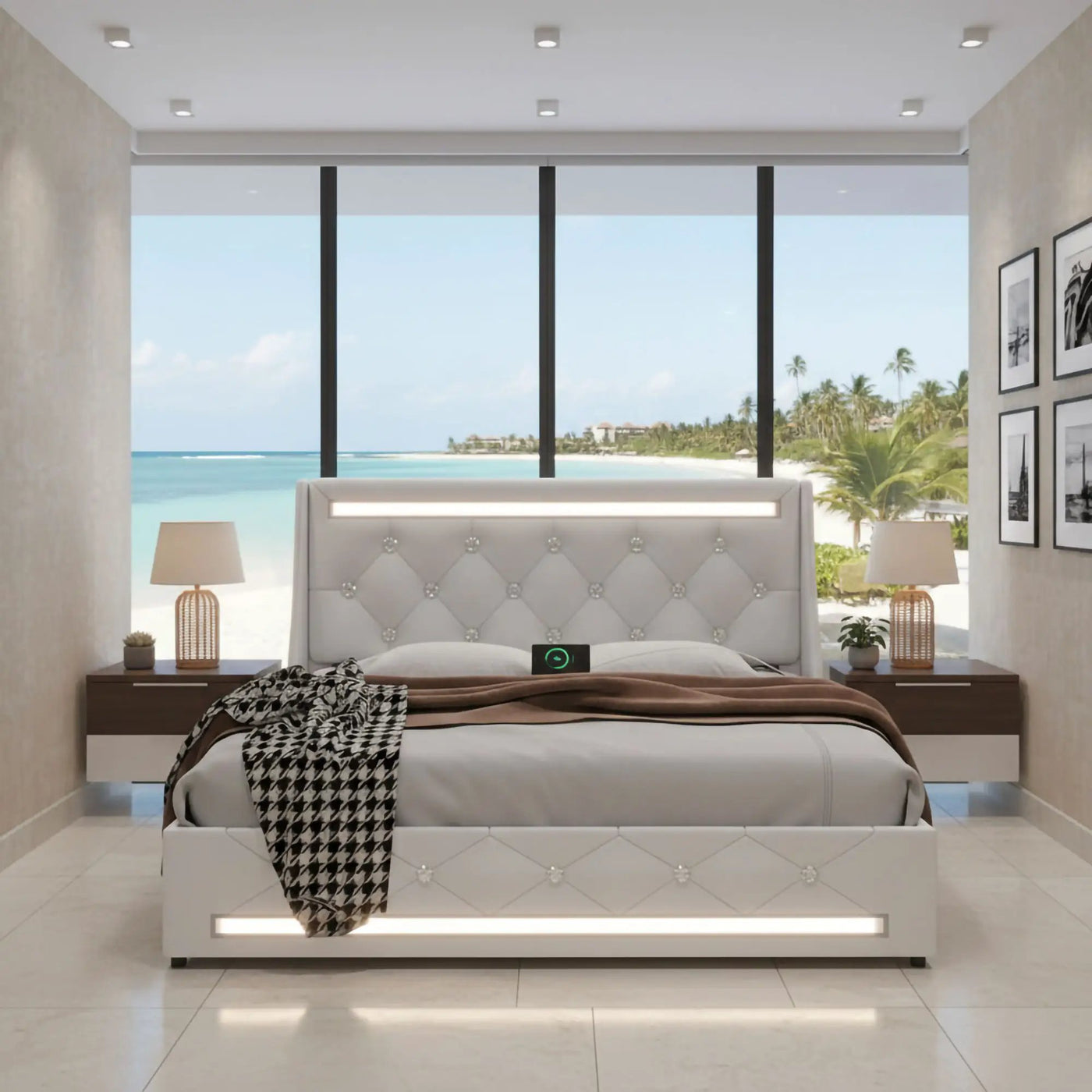 Wingback Upholstered Bed Frame With LED Lights, Charging Station by HouseOfZazla