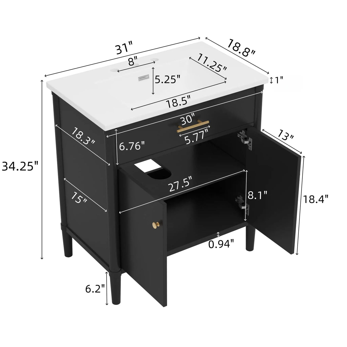 Bathroom Vanity With Sink, Soft Close Doors And Adjustable Shelf by HouseOfZazla