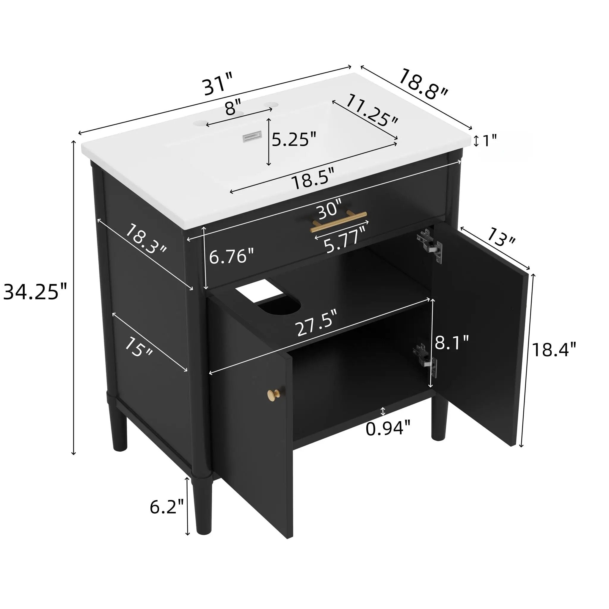Bathroom Vanity With Sink, Soft Close Doors And Adjustable Shelf by HouseOfZazla