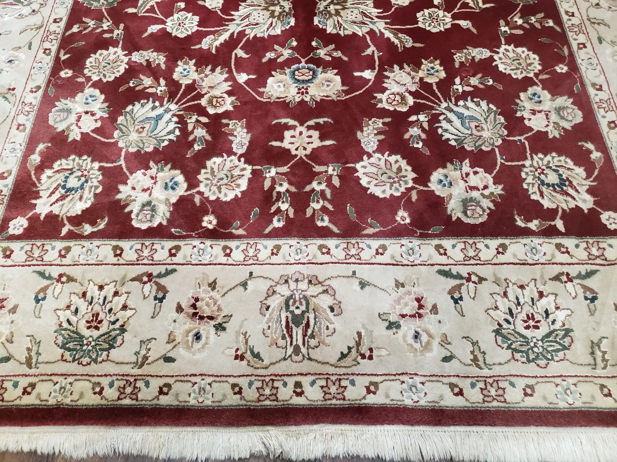 Vintage Traditional Oriental Area Rug, Hand-Knotted, Wool & Silk Accents, Maroon Red and Beige, 6x9 Carpet, 5' 9" x 9' by Jewel Rugs