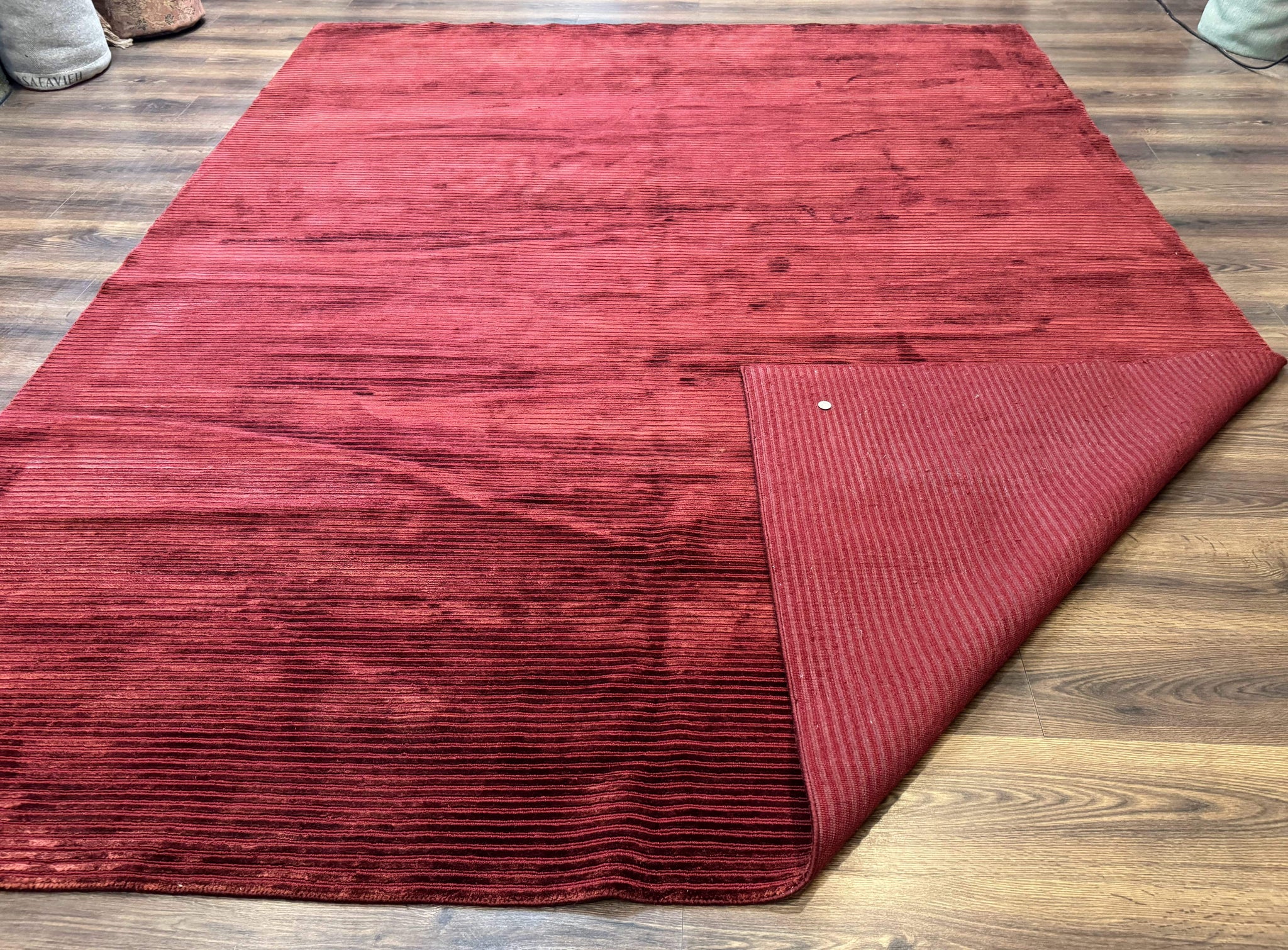 Modern Tibetan Rug 8x10, Red, Stripes, Handmade Wool Thick Pile Carpet by Jewel Rugs