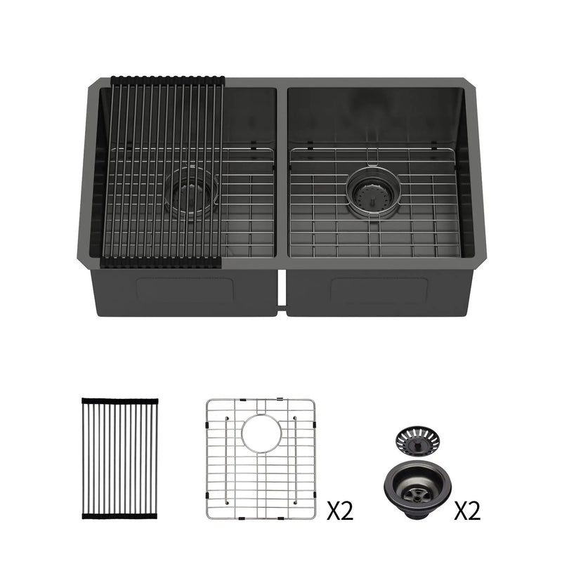 Double Bowl Undermount Kitchen Sink 16 Gauge 33" x 19" with Dual 10" Deep Basins - Gunmetal Black by HouseOfZazla