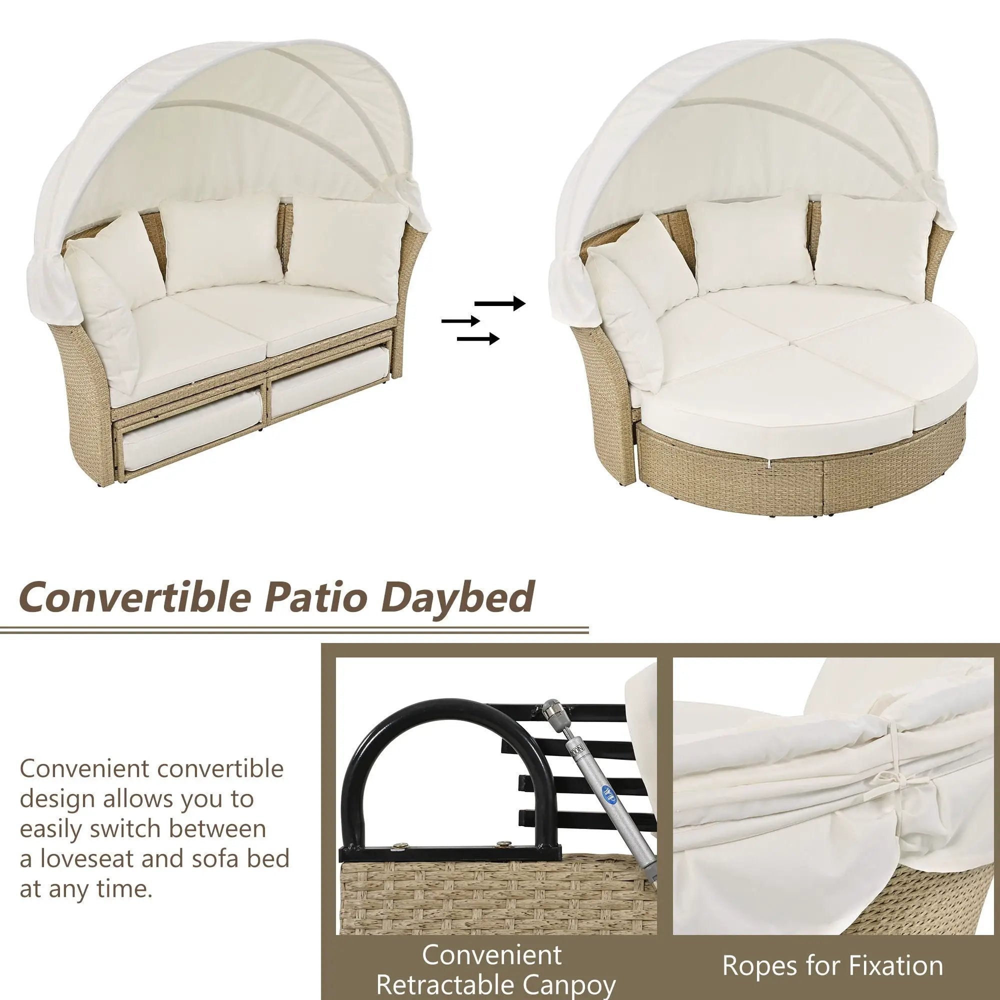 Outdoor Patio Daybed Wicker Rattan Double Daybed Round Sofa Furniture Set With Retractable Canopy, 4 Pillows For Lawn Garden by HouseOfZazla