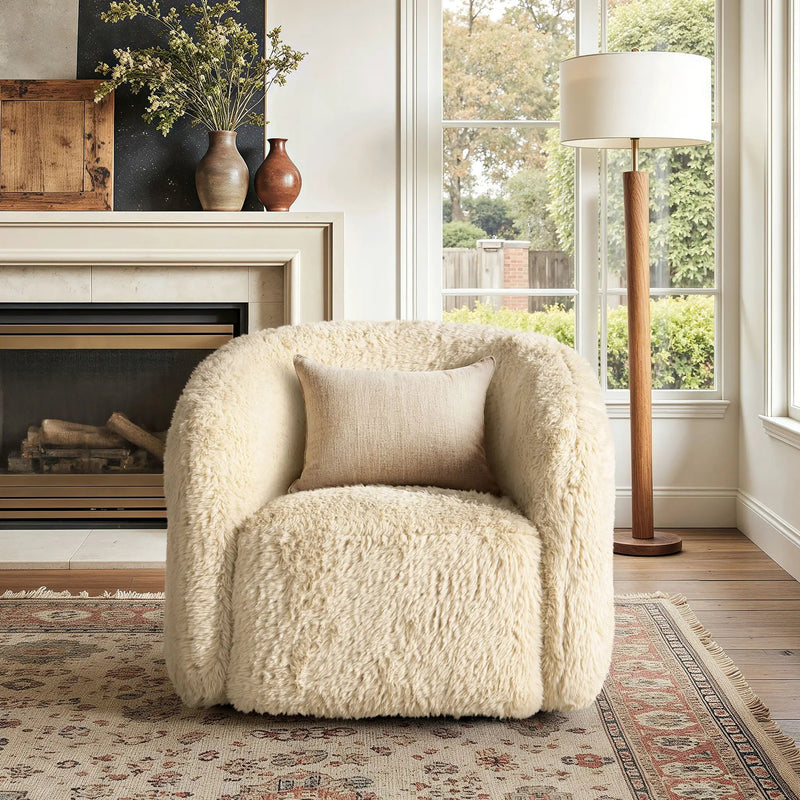 Colt - Fur Swivel Upholstered Barrel Accent Arm Chair - Cream Beige by Unique Piece Furniture