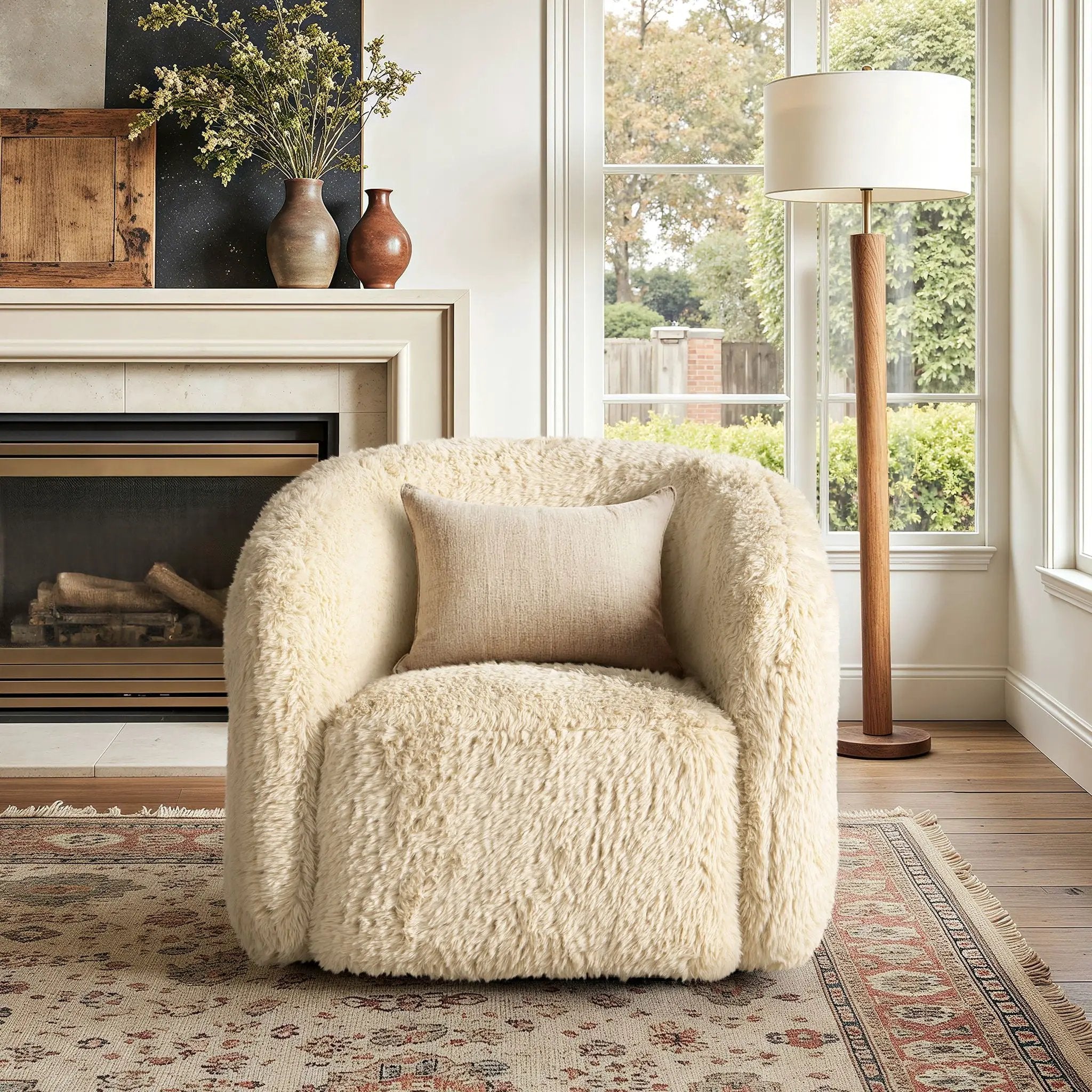 Colt - Fur Swivel Upholstered Barrel Accent Arm Chair - Cream Beige by HouseOfZazla