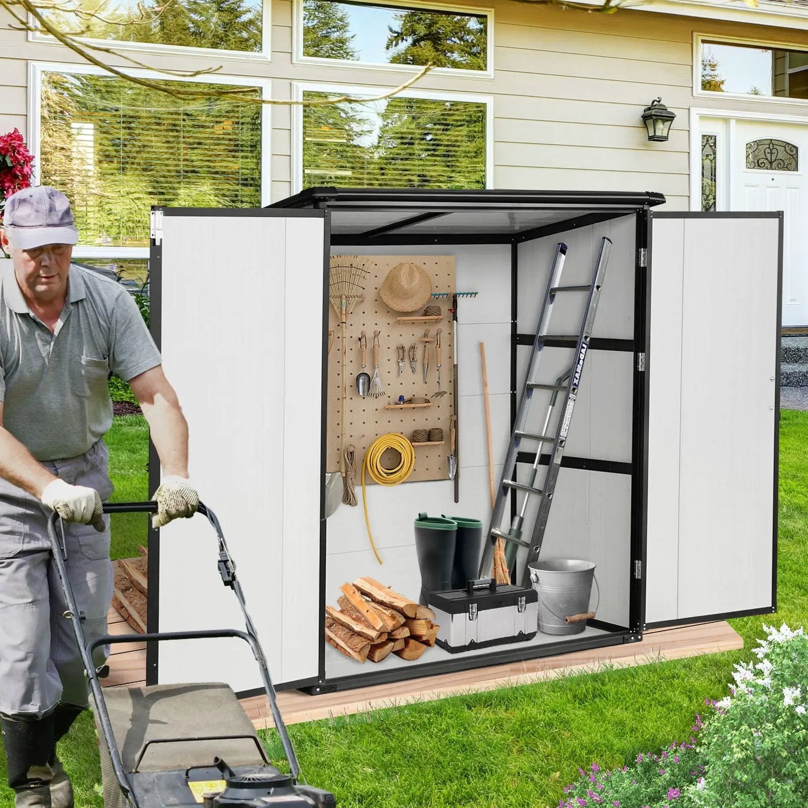 5X3Ft Outdoor Storage Shed Waterproof Resin Cabinet With Lockable Doors For Bikes And Patio Furniture - Black by HouseOfZazla