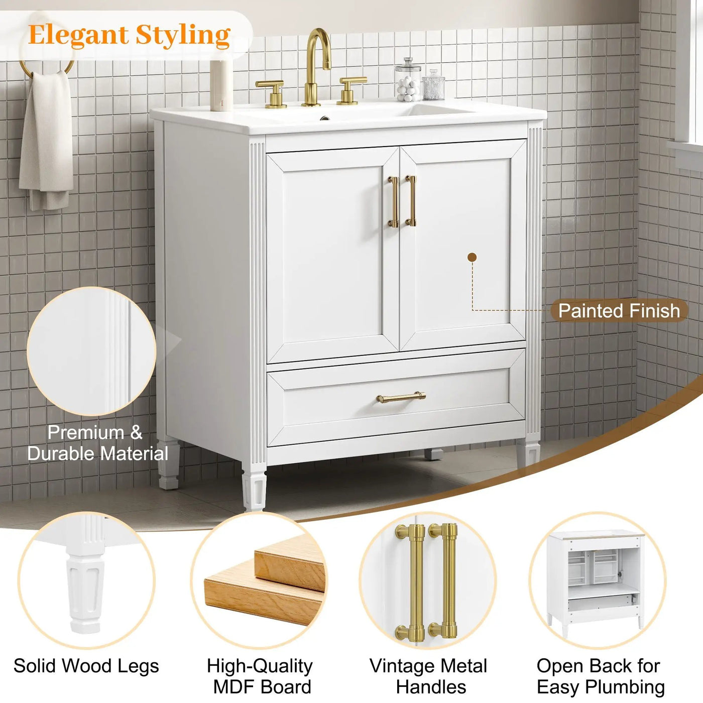 Elegant Fluted Bathroom Vanity With Sink, Soft Close Doors & Drawer by HouseOfZazla
