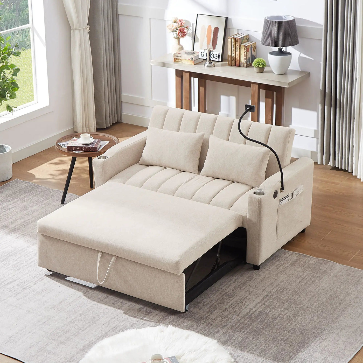 Convertible Sofa Bed Loveseat Sofa With Three USB Ports, Two Side Pockets, Two Cup Holders And 360° swivel Phone Holder For Living Room by HouseOfZazla