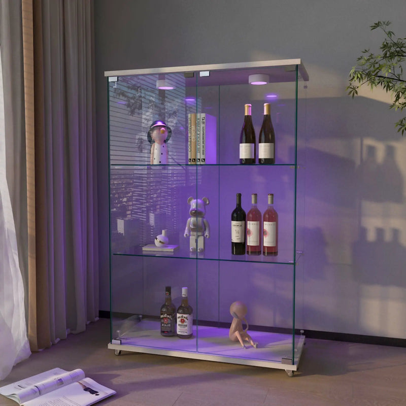 Modern Display Cabinet With LED Lights, Transparent Tempered Glass 2 Door Storage Case With 3 Shelves by HouseOfZazla