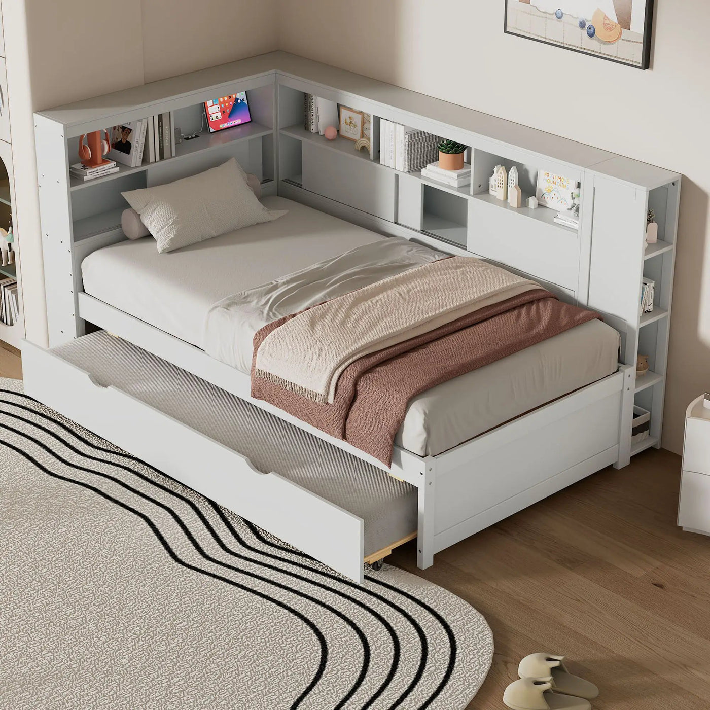 Daybed With Storage Shelves, USB Charging, And Trundle Bed by HouseOfZazla