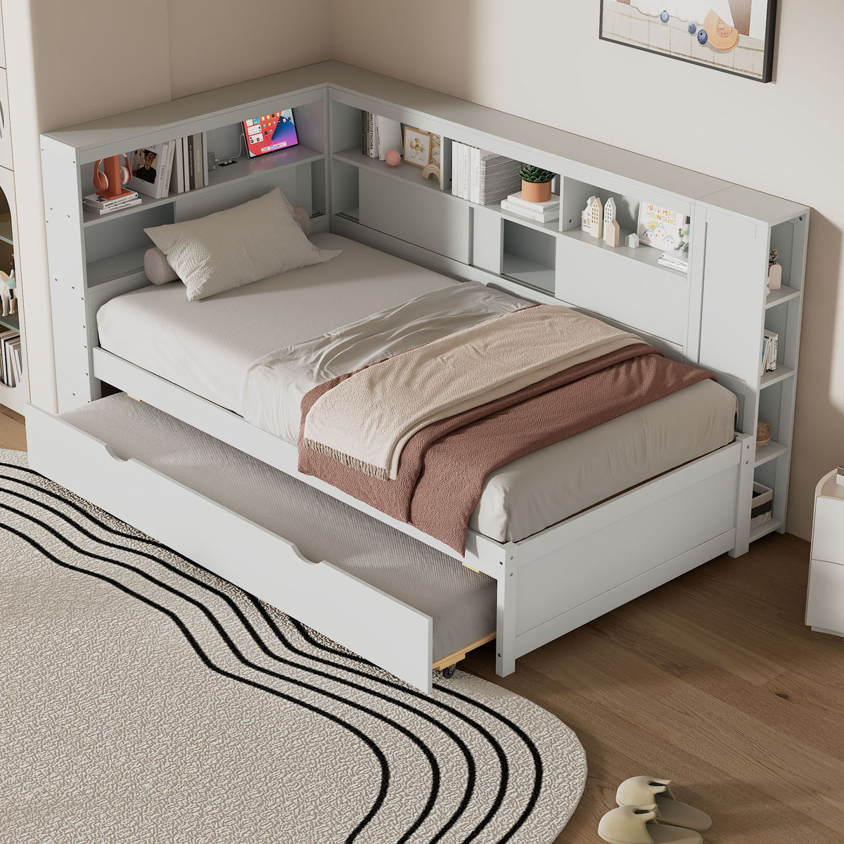 Daybed With Storage Shelves and USB Charging - Twin Size Trundle Bed - White or Light Brown, photo 17 of 26