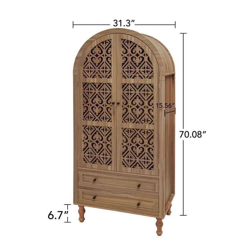 Tall Kitchen Pantry Cabinet With Hollow Carved Doors 2 Drawers And Adjustable Shelves Storage Display Cabinet For Kitchen Dining Room Or Living Room - Walnut by Unique Piece Furniture
