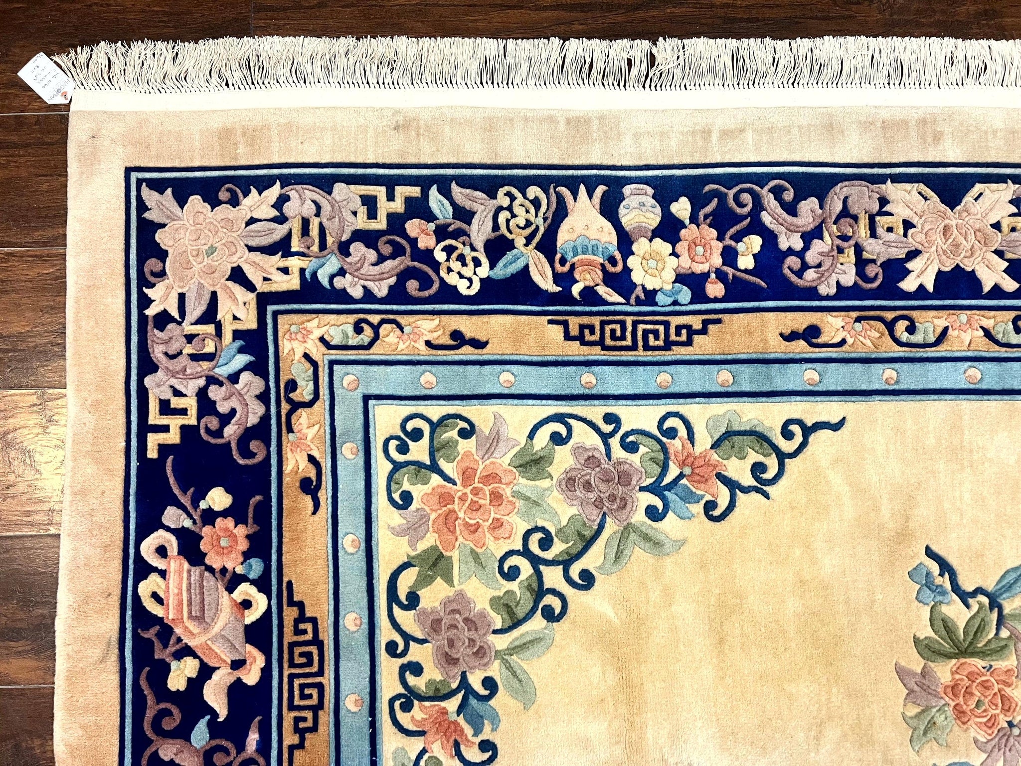 Chinese Wool Rug 8x11, Peking Asian Oriental Carpet, Cream/Ivory and Blue, Vintage Handmade Rug, Art Deco Rug by Jewel Rugs