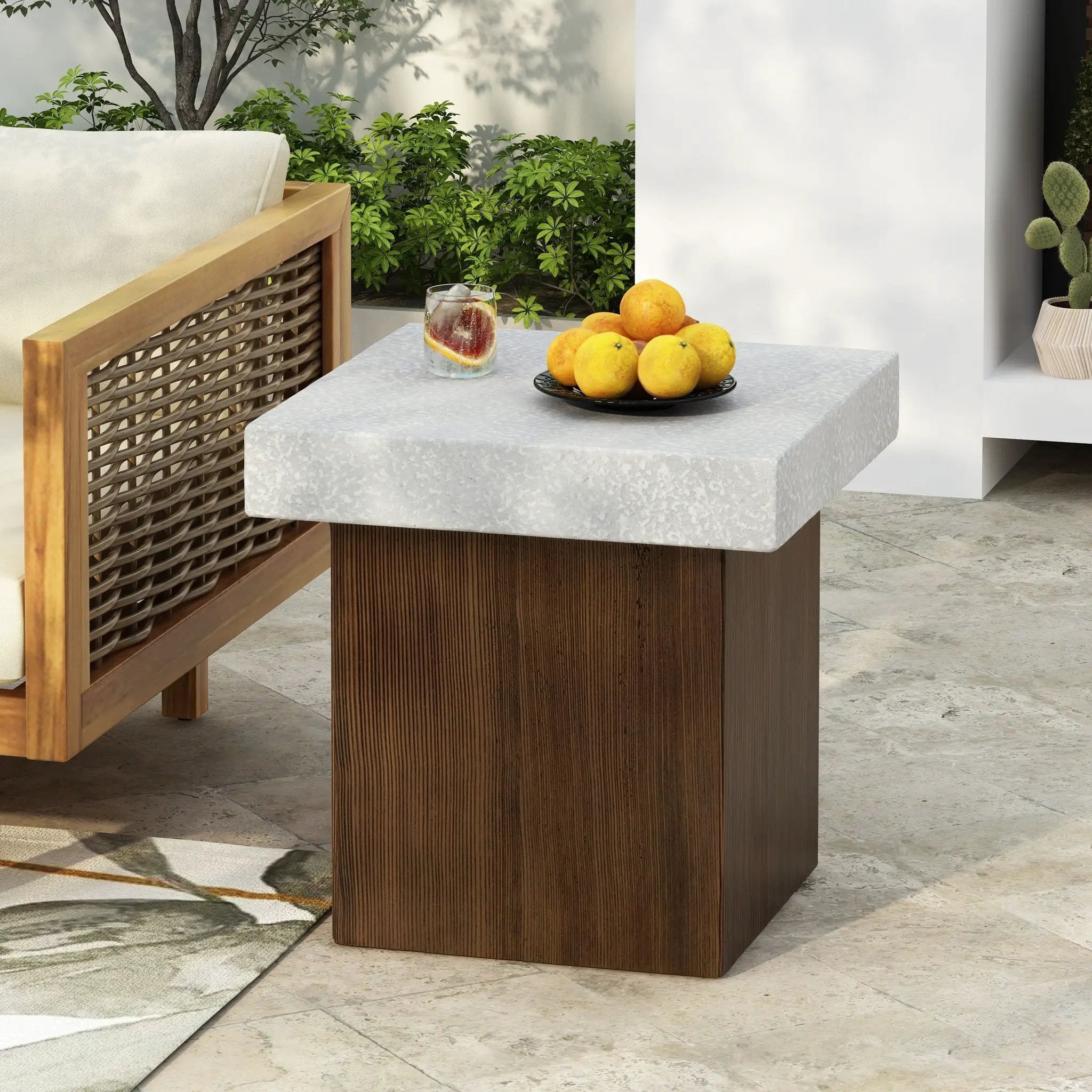 Mgo Square Side Table With Faux Stone Top And Wood Frame - Antique White / Natural Wood by HouseOfZazla