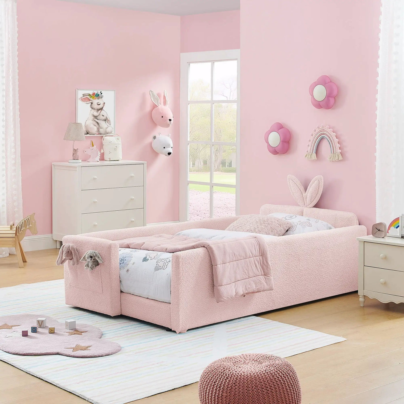 Cute Rabbit Ear Upholstered Platform Bed Frame With Safety Rail by HouseOfZazla