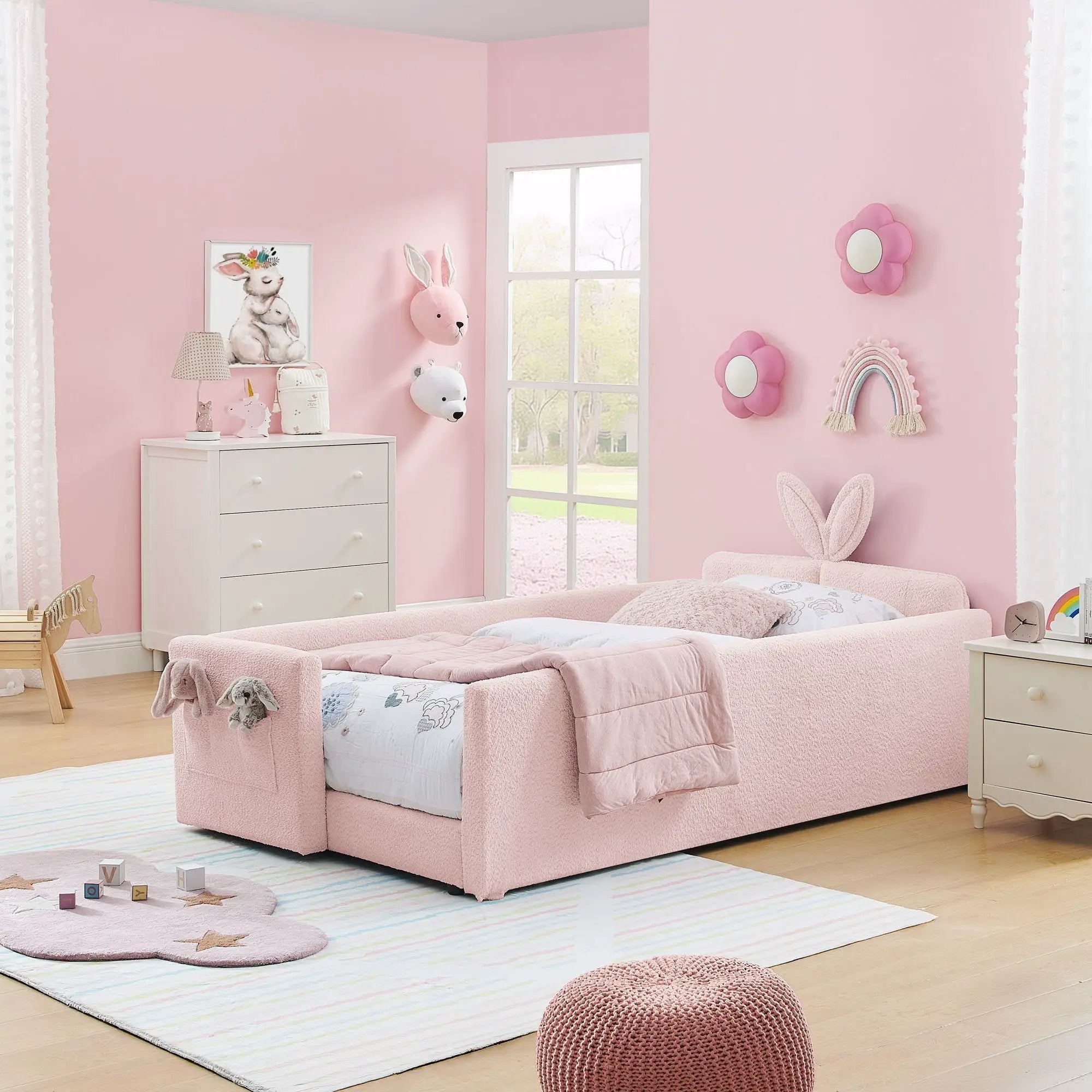 Cute Rabbit Ear Upholstered Platform Bed Frame With Safety Rail by Unique Piece Furniture