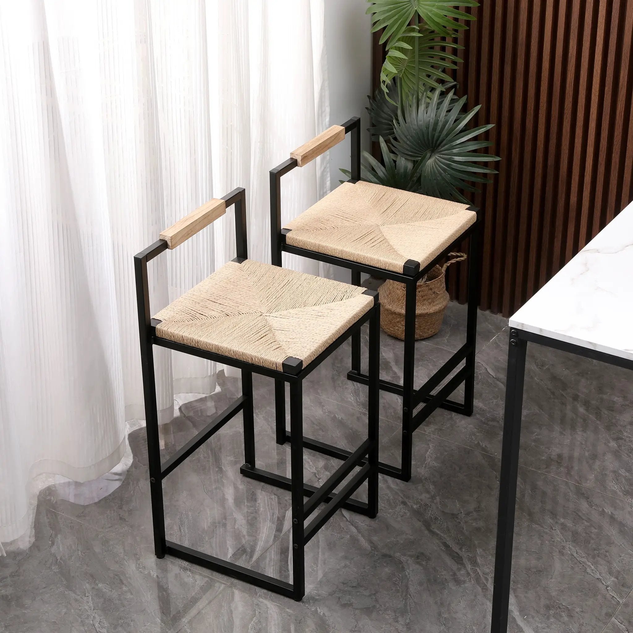 Stylish (Set of 2) Bar Stools With Backrest And Paper Rope Woven Seat, Counter Height Dining Chairs For Kitchen - Natural by HouseOfZazla