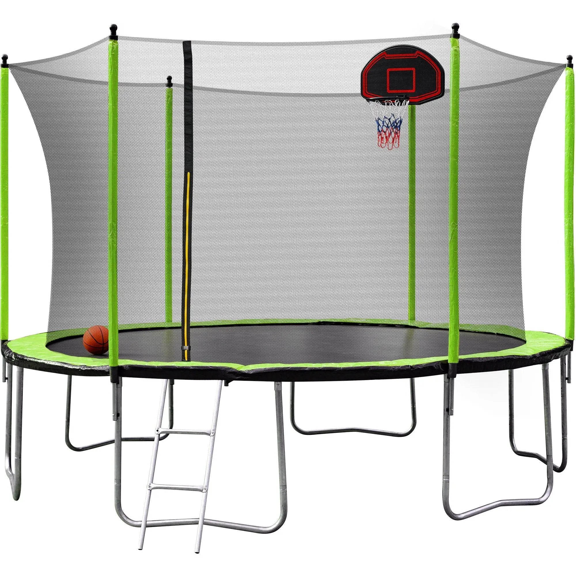 14Ft Trampoline With Basketball Hoop Inflator And Ladder (Inner Safety Enclosure) - Green by HouseOfZazla