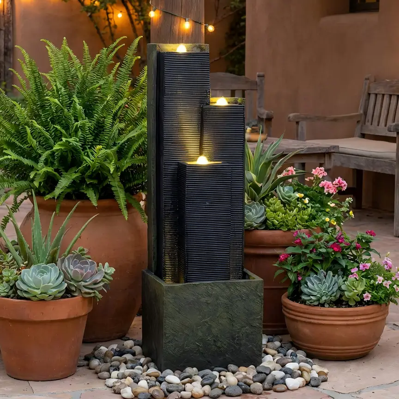 39" H Outdoor Water Fountain Modern Cascading Freestanding Fountain with LED Lights for Garden Patio Porch Lawn by HouseOfZazla