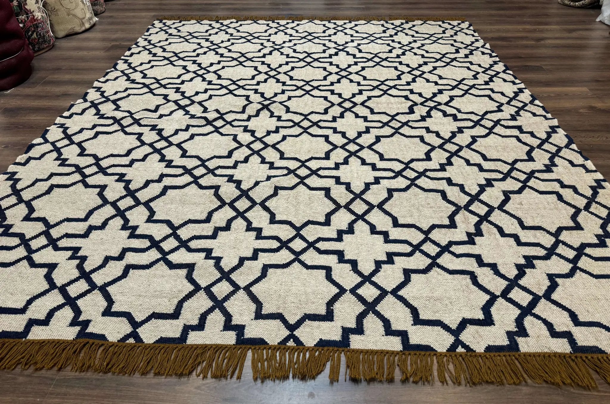 Indian Kilim Rug 8x10, Oat and Navy Blue, Dhurrie Carpet, Handmade, Wool by Jewel Rugs