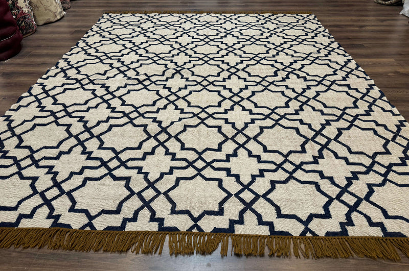 Indian Kilim Rug 8x10, Oat and Navy Blue, Dhurrie Carpet, Handmade, Wool by Jewel Rugs