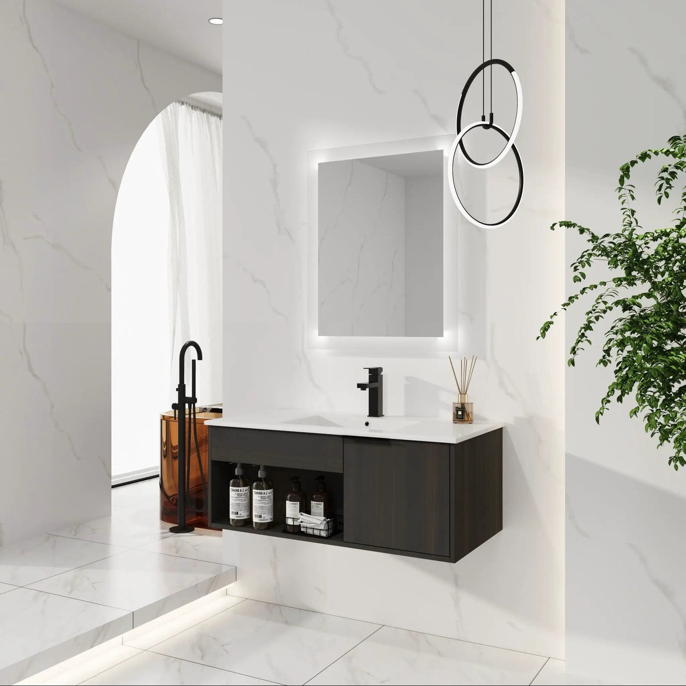 Wall Mounted Floating Bathroom Vanity With Open Shelf & Soft Close Door by HouseOfZazla