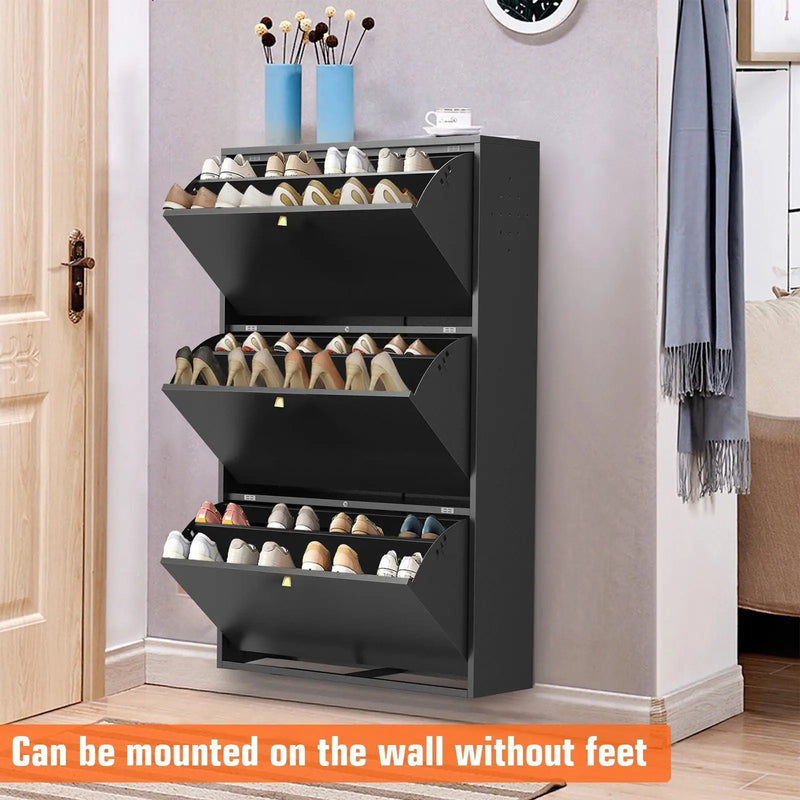3 Drawer All Steel Shoe Cabinet, Freestanding Storage Organizer With Flip Door by HouseOfZazla