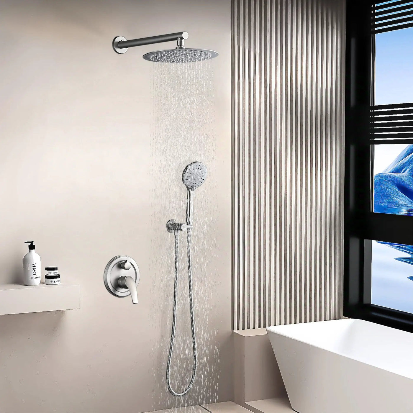 Wall Mounted Shower Set With High Pressure 10" Rain Shower Head And 5 Function Handheld Shower Head by HouseOfZazla