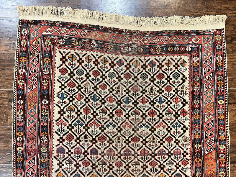 Antique Caucasian Rug 4x5, Hand Knotted Handmade Shirvan Oriental Carpet, Ivory Red Rug Allover Pattern, Rare Wool Rug, Tribal Geometric Rug by Jewel Rugs
