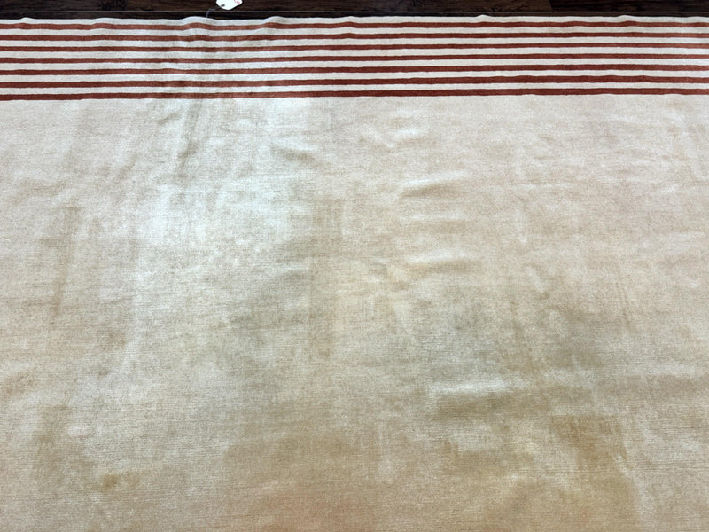 Modern Tibetan Rug 11 x 14.6, Wool and Silk, Simple Design, Handmade Large Area Rug, Cream by Jewel Rugs