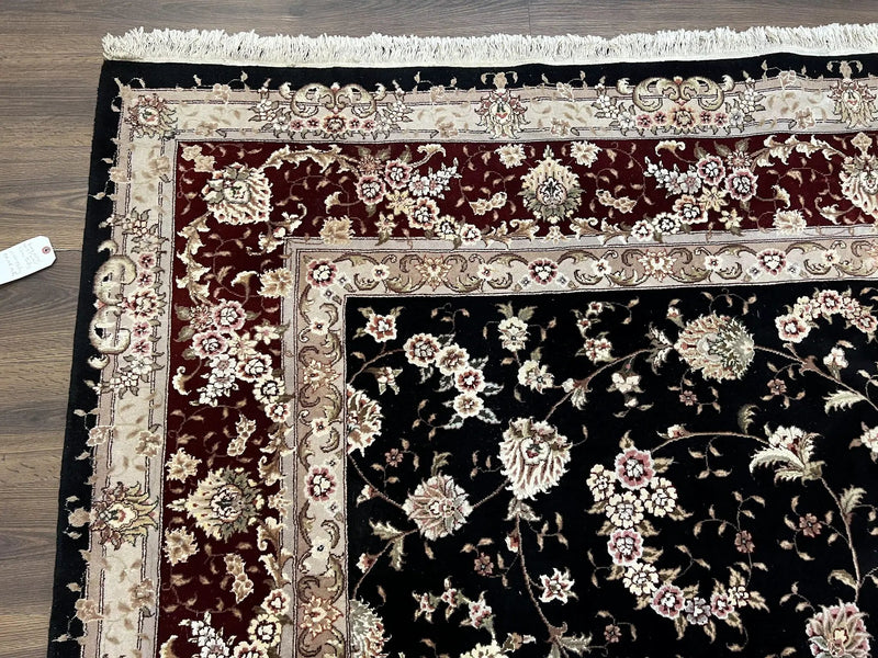 Sino Persian Rug 9x12, High Quality Oriental Carpet, Black and Maroon, Wool and Silk, Allover Floral Pattern, Hand Knotted, Vintage Rug Nice by Jewel Rugs