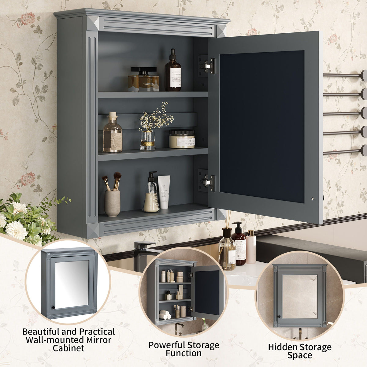 Wall Mounted Medicine Cabinet with Mirror and Adjustable Shelf - Dark Gray, White, Blue, photo 30 of 40