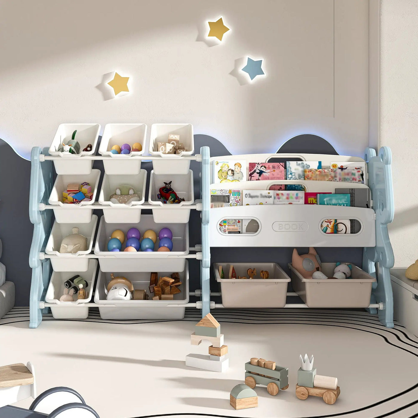 Kids Toy Storage Organizer With 2 Tier Bookshelf, Toy Storage With 12 Bins by HouseOfZazla
