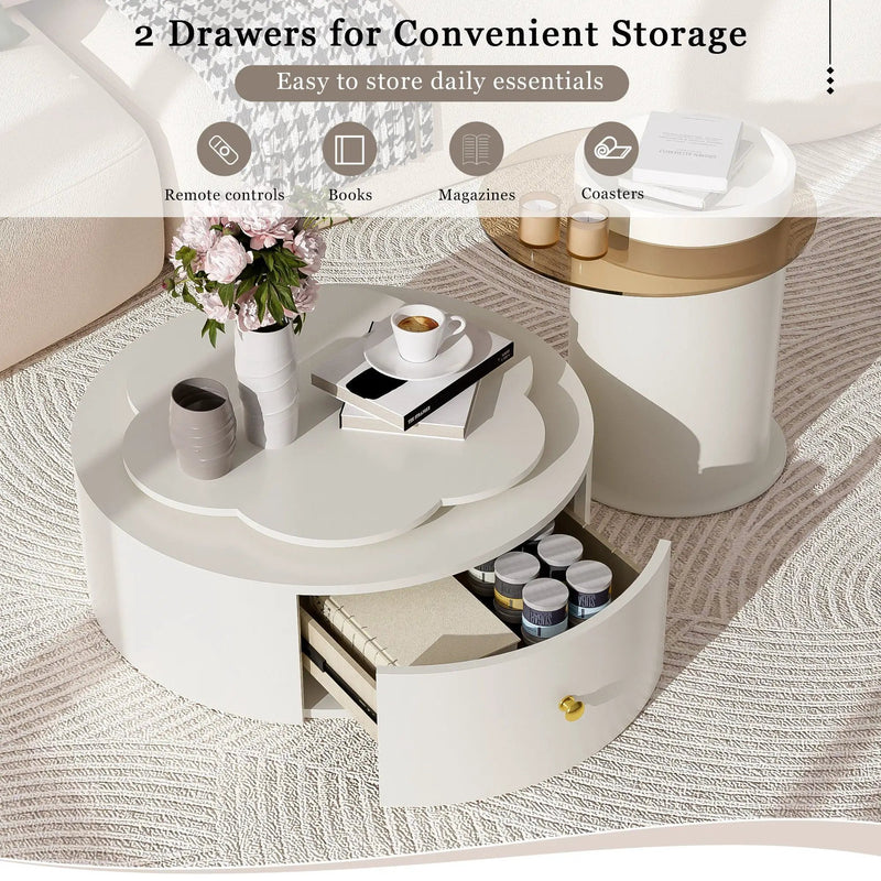 Modern Round Coffee Table (Set of 2), 360 Degree Rotatable Flower Shaped Top With 2 Drawers, Top Circle Side Table End Table With Glass For Living Room - Off White by HouseOfZazla