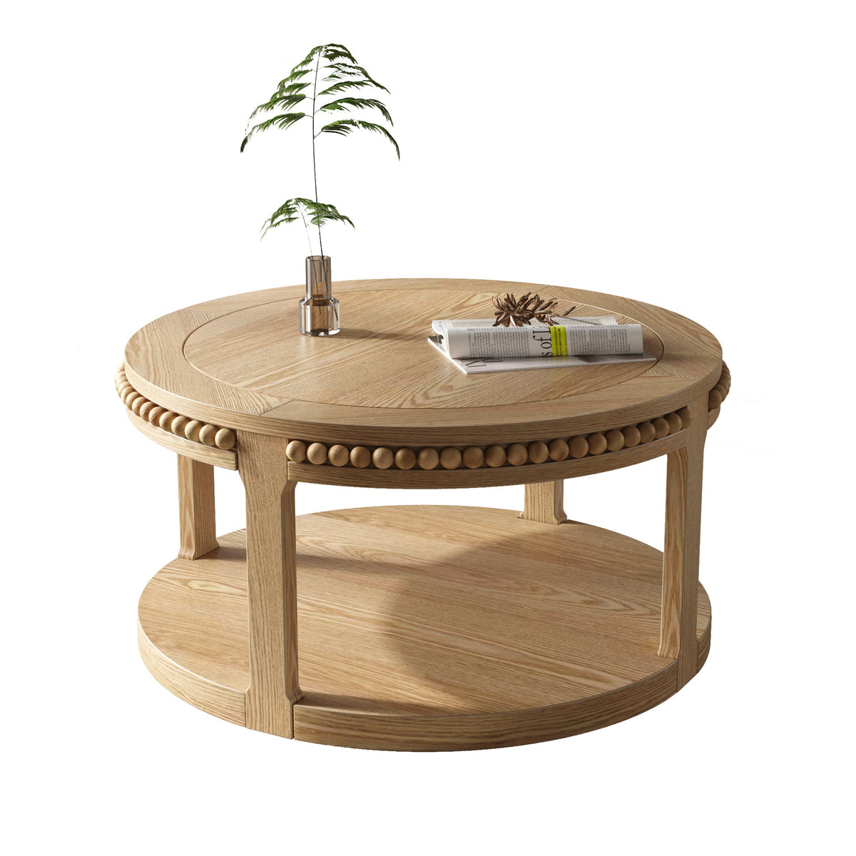31.5 Inch Round Solid Wood Coffee Table & Sofa Table - Two-Tier Thickened Top, Sturdy Legs, Circle Table for Living Room (Natural Wood), photo 9 of 10