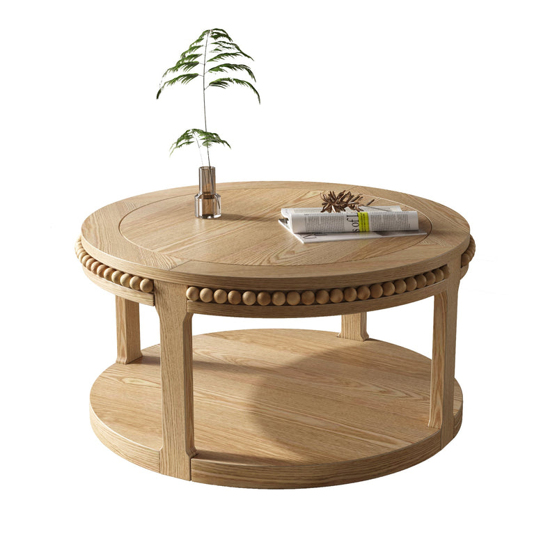 31.5 Inch Round Solid Wood Coffee Table & Sofa Table - Two-Tier Thickened Top, Sturdy Legs, Circle Table for Living Room (Natural Wood), photo 9 of 10