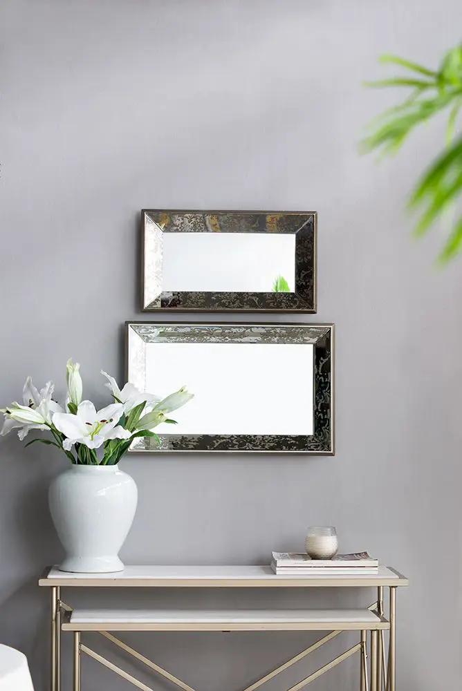 Antique Rectangle Mirror With Floral Accents, Mirrored Display Tray, Hanging Wall Mirror by Unique Piece Furniture