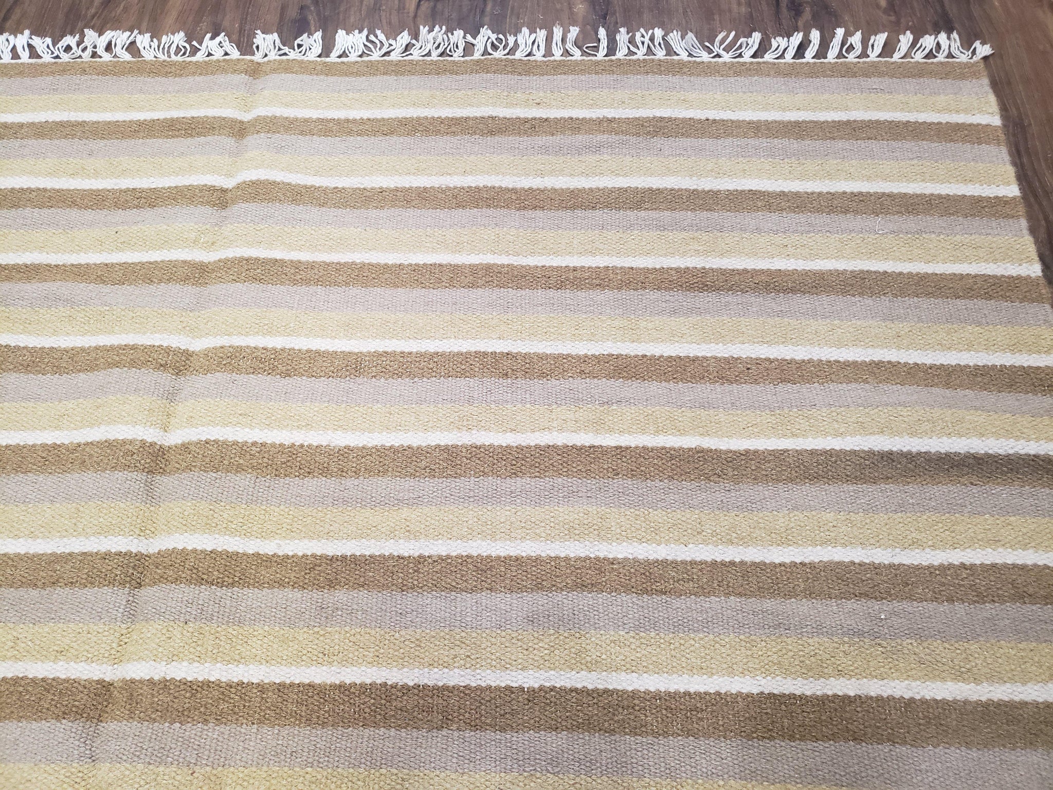 New Indian Striped Blanket, Multicolor Earthern Tones Kilim Rug, Wool Handmade South American Style Blanket, Queen Sized Bedspread 5x8 - 6x8 by Jewel Rugs