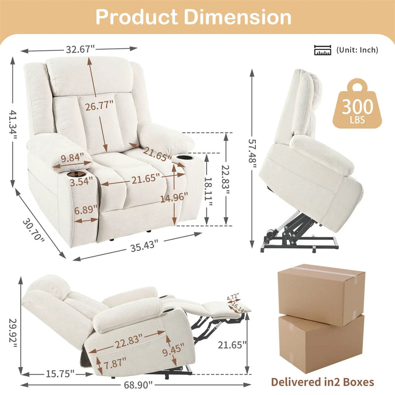 Power Lift Recliner Chair With Extended Footrest, Remote Control, Cup Holders, And Side Pockets by HouseOfZazla