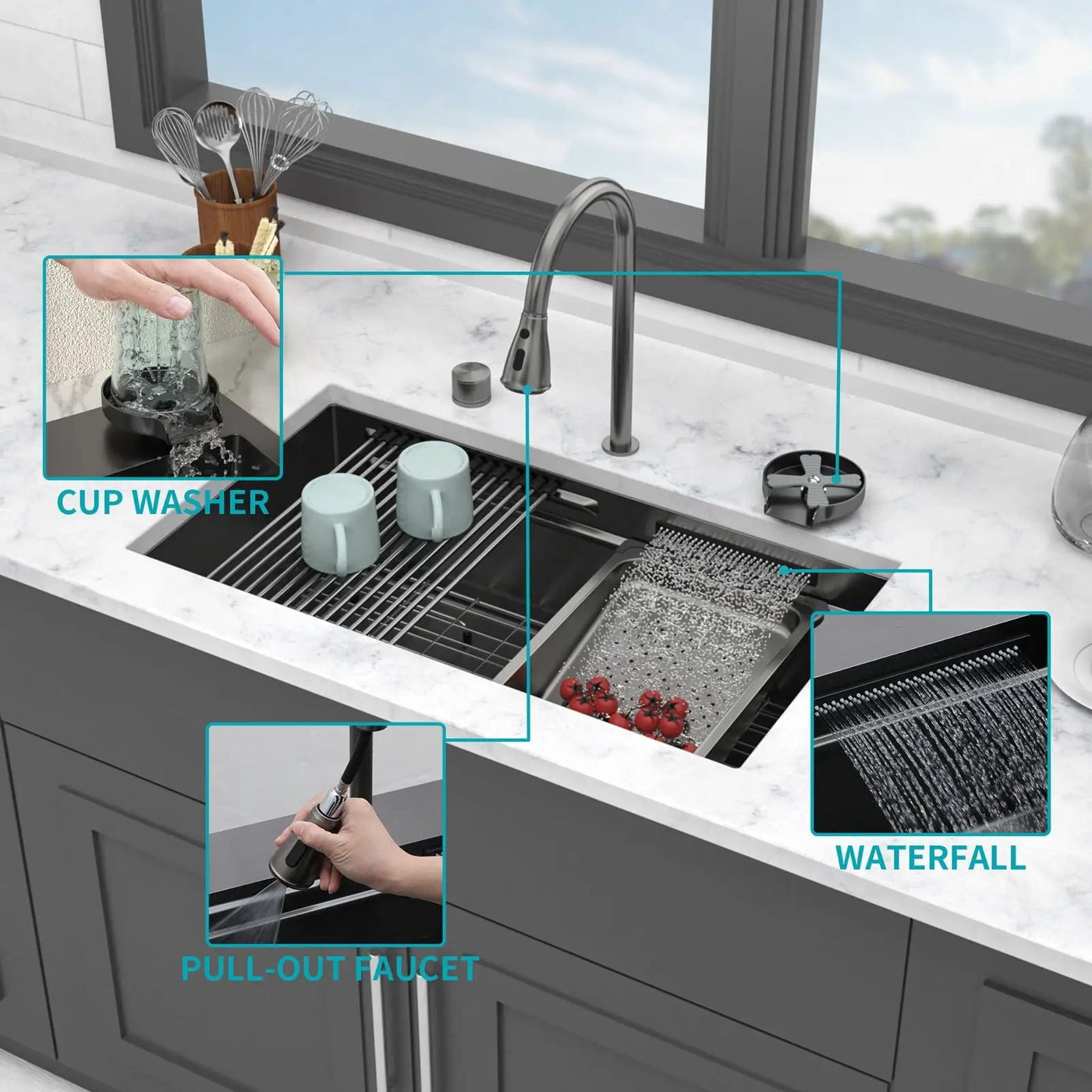 Undermount Stainless Steel Kitchen Sink With Pull Down Faucet & Ledge Workstation by HouseOfZazla