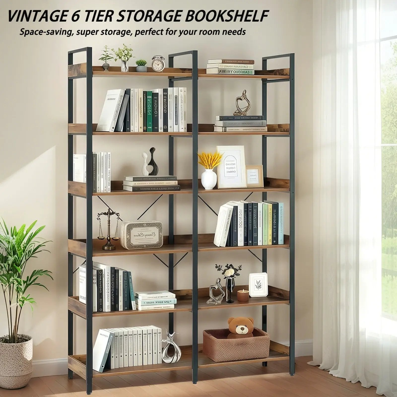 6-Tier Industrial Bookshelf With 12 Open Shelves by HouseOfZazla