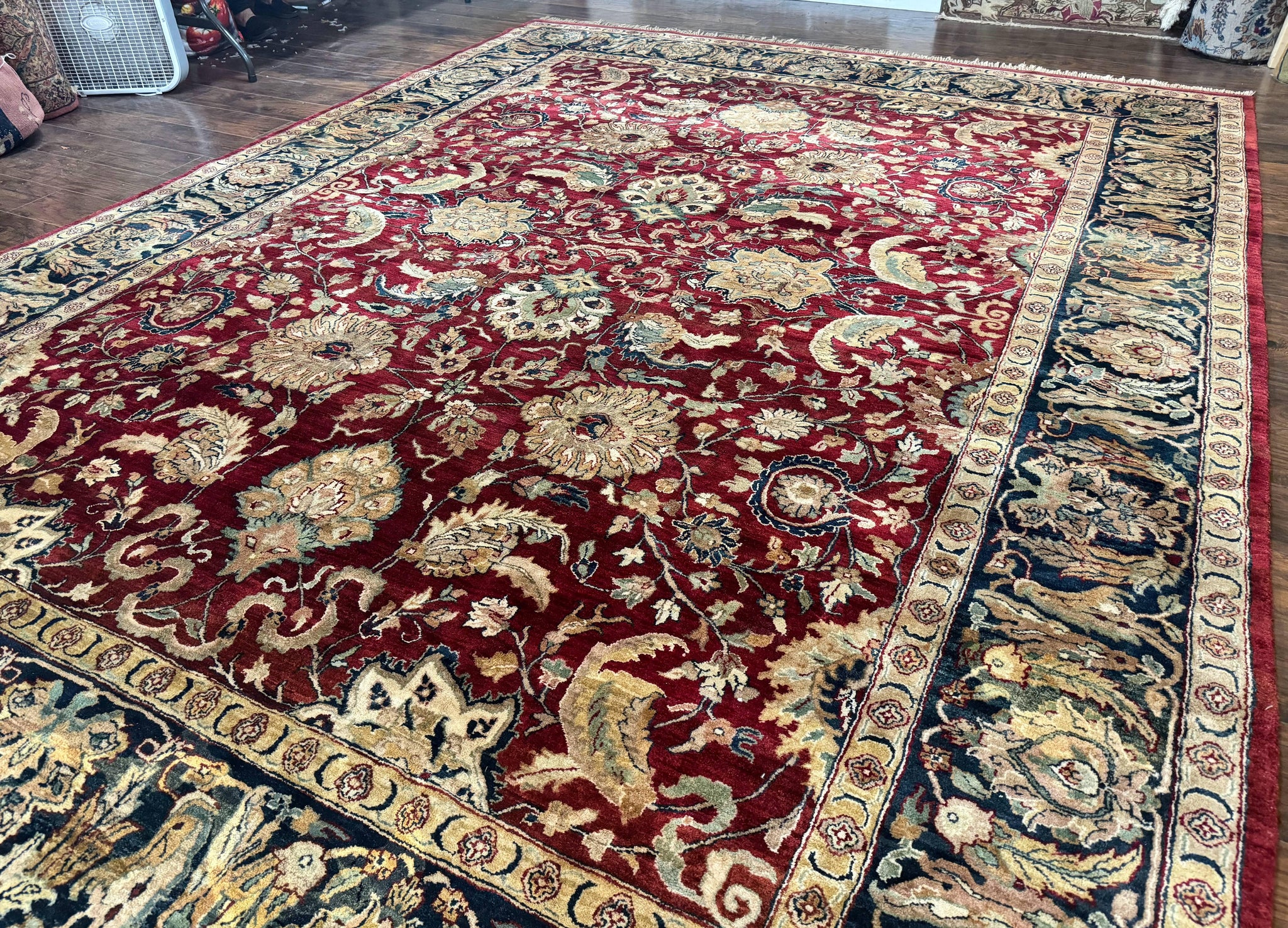 Indo Persian Rug 10x14, Indian Agra Carpet, Vintage Handmade Wool Large Traditional Rug, Dark Red Navy Blue Beige by Jewel Rugs