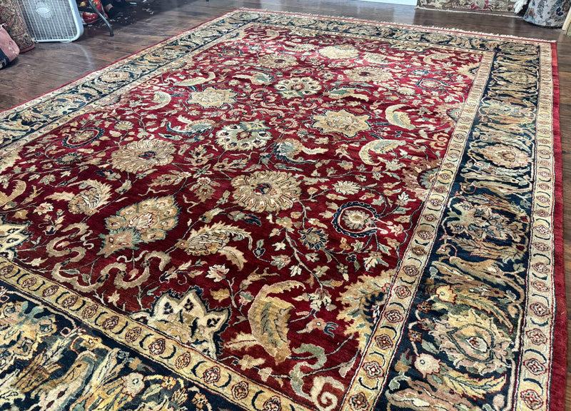 Indo Persian Rug 10x14, Indian Agra Carpet, Vintage Handmade Wool Large Traditional Rug, Dark Red Navy Blue Beige by Jewel Rugs